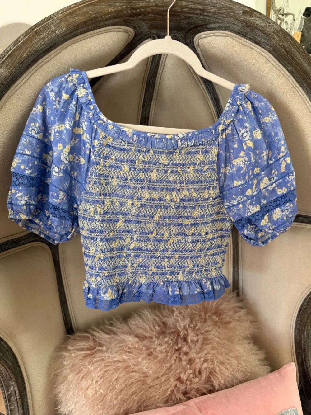 LoveShackFancy Molly Top Smocked Blue Floral Puff Sleeve XS NWOT P